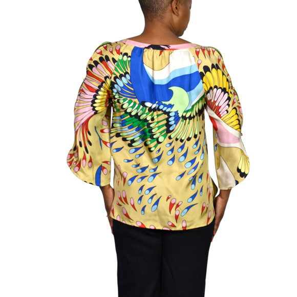 TIBI Silk Print Tunic Yellow Colorful Peacock Jeweled Studs Blue Cutouts Birds 6 - Picture 2 of 16